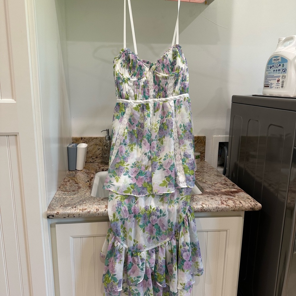 For Love & Lemons Women’s Meadow Bustier Corset Lavender Floral White Maxi Dress
